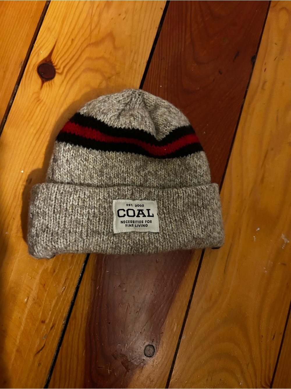 Coal Heather Gray Knit Beanie with Red & Black Stripe